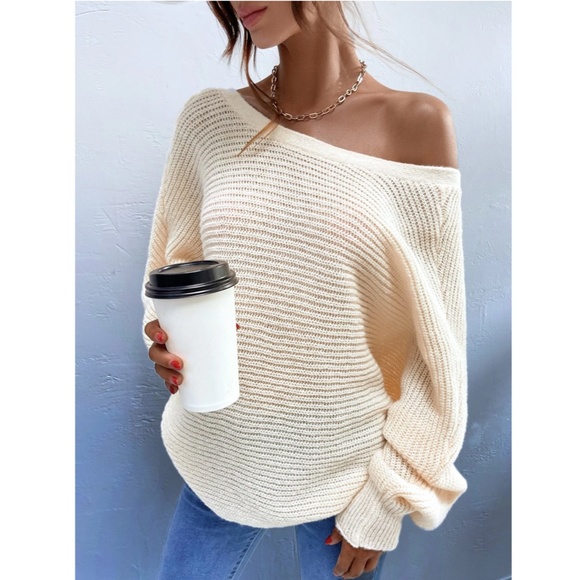 Backless Knit Beige Pullover Sweater Batwing Sleeve - Picture 4 of 6